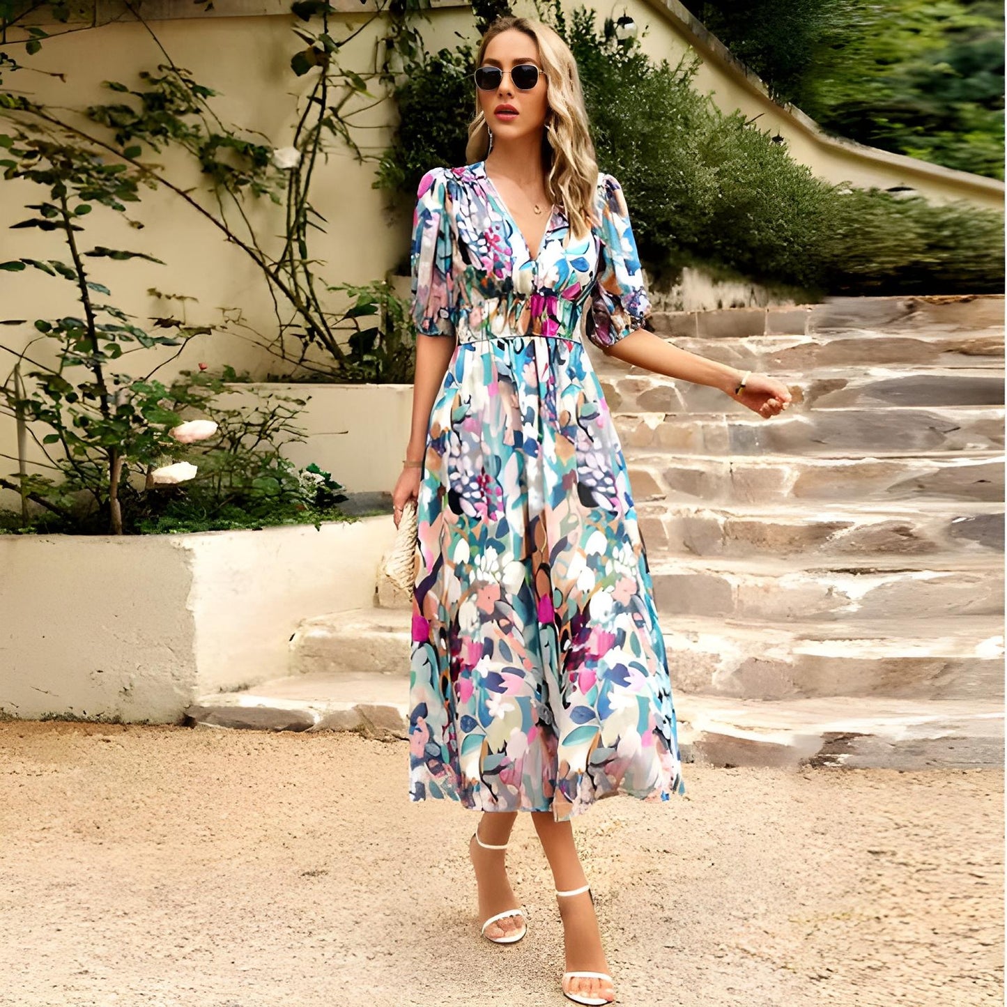 New V-neck Printed Short-sleeved Long Dress Summer Fashion Slim Seaside Vacation Beach Dresses For Women Clothing